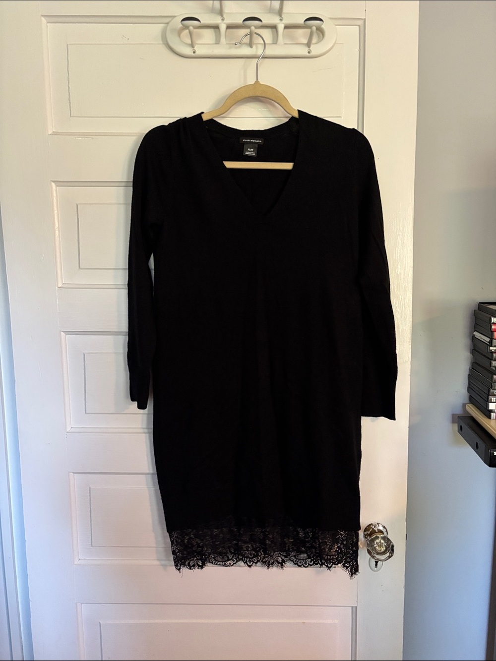 Black Lace-Hem V-Neck Wool Dress